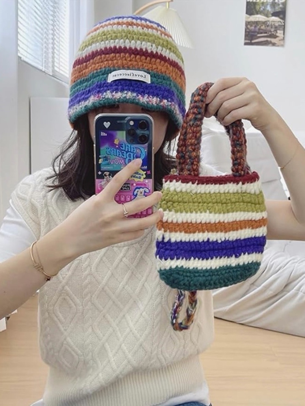 2 piece set Striped Crochet Crossbody Bag - Multicolor